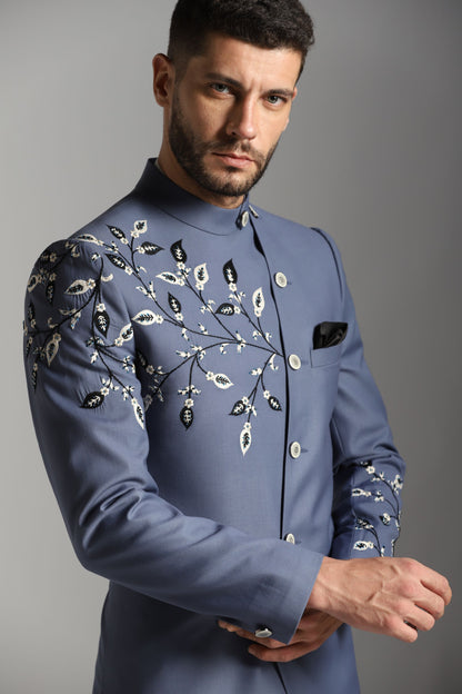 Teal embroidered Indo-Western alternate full-length view | Bhavya Bhasin Couture