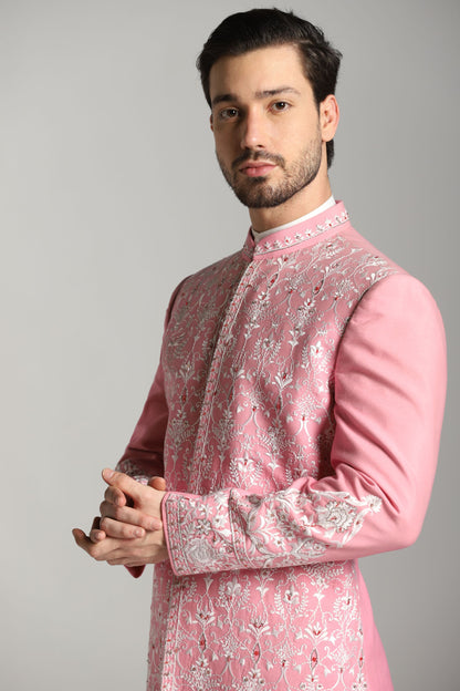 Rose pink embroidered Indo-Western alternate full-length view | Bhavya Bhasin Couture