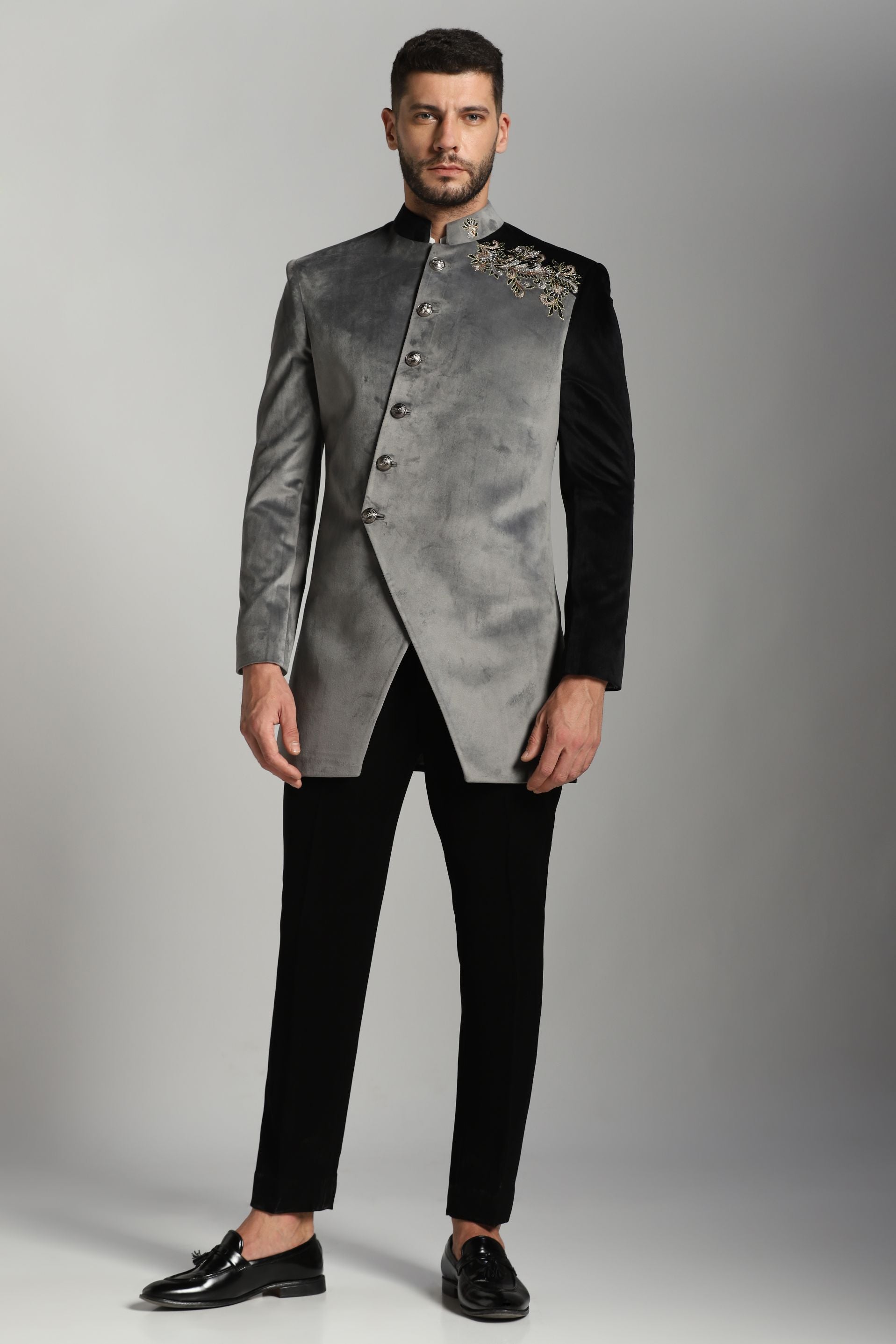 Black velvet Indo-Western ensemble Indian formal | Bhavya Bhasin Couture