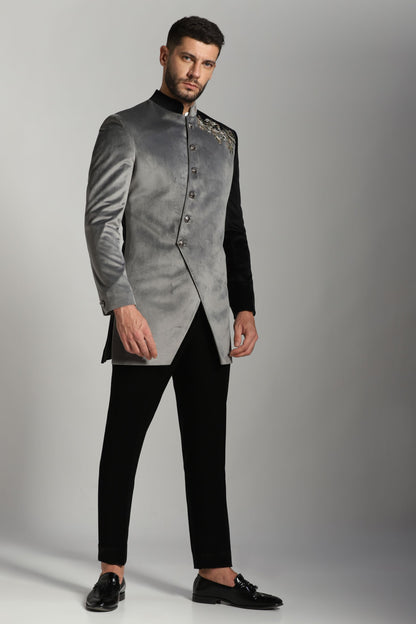 Black velvet Indo-Western full-length alternate angle | Bhavya Bhasin Couture