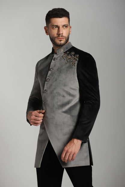 Black velvet Indo-Western front detail | Bhavya Bhasin Couture