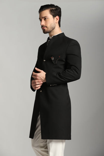 Black three-button Indo-Western side view | Bhavya Bhasin Couture