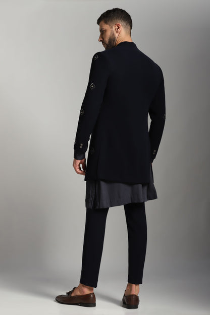 Blue open Indo-Western with pintuck kurta alternate view | Bhavya Bhasin Couture