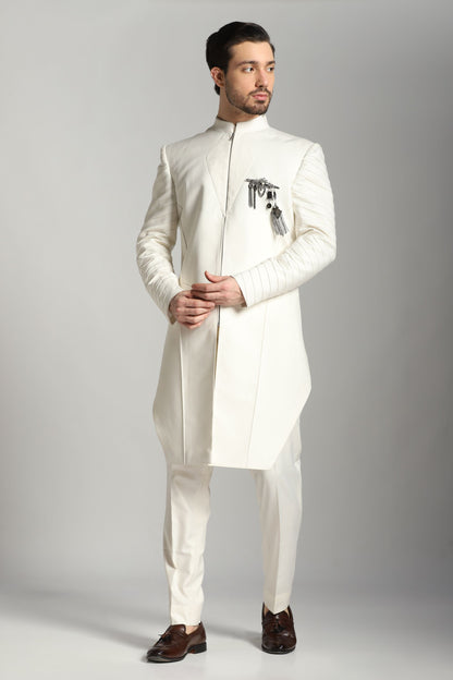 Ivory Indo-Western ensemble three-quarter view | Bhavya Bhasin Couture