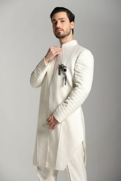 Ivory Bliss Indo-Western full-length alternate angle | Bhavya Bhasin Couture