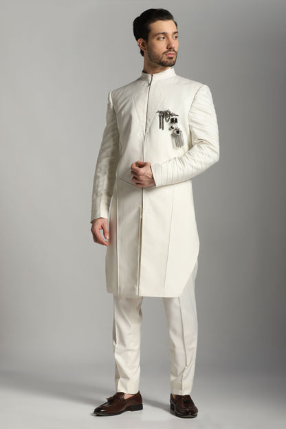 Ivory pintuck Indo-Western ensemble for men Indian wedding | Bhavya Bhasin Couture