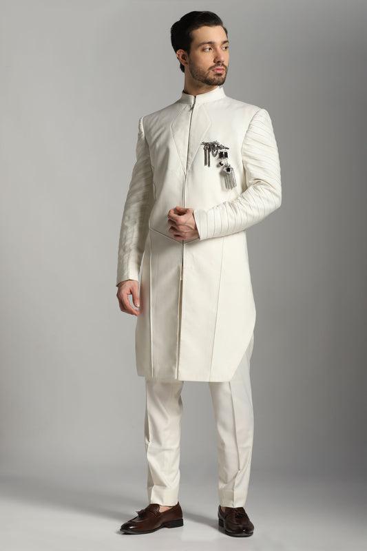 Ivory pintuck Indo-Western ensemble for men Indian wedding | Bhavya Bhasin Couture