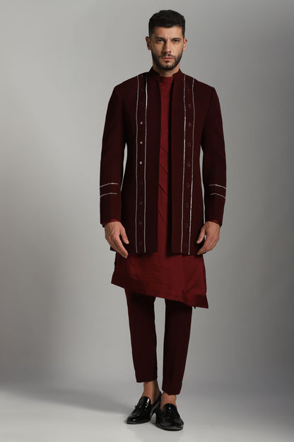 Burgundy luxe Indo-Western fusion set for men | Bhavya Bhasin Couture