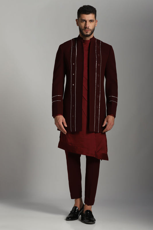 Burgundy luxe Indo-Western fusion set for men | Bhavya Bhasin Couture