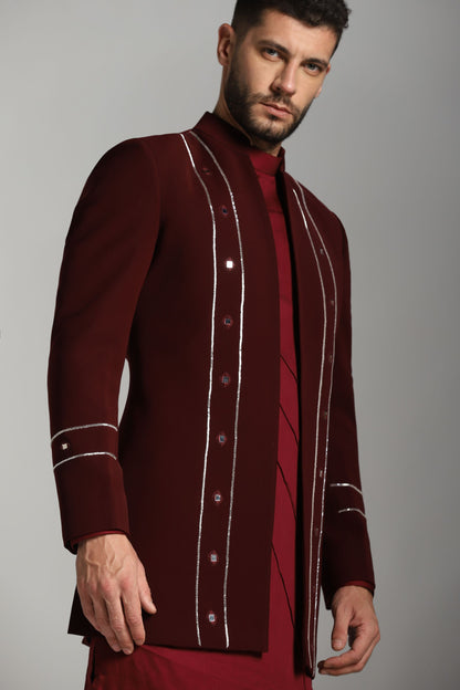 Burgundy Indo-Western fusion full-length alternate angle | Bhavya Bhasin Couture