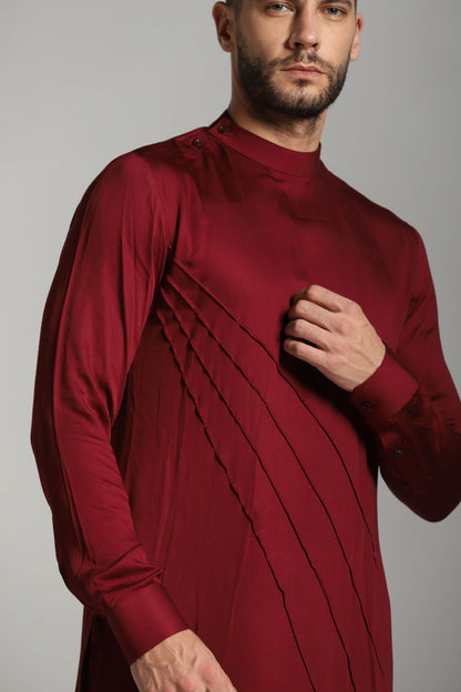 Burgundy Majesty pintuck kurta set side view | Bhavya Bhasin Couture