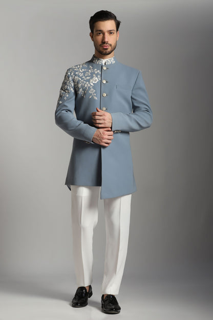 Slate grey Bhasma Rekha asymmetric Indo-Western set for groom | Bhavya Bhasin Couture