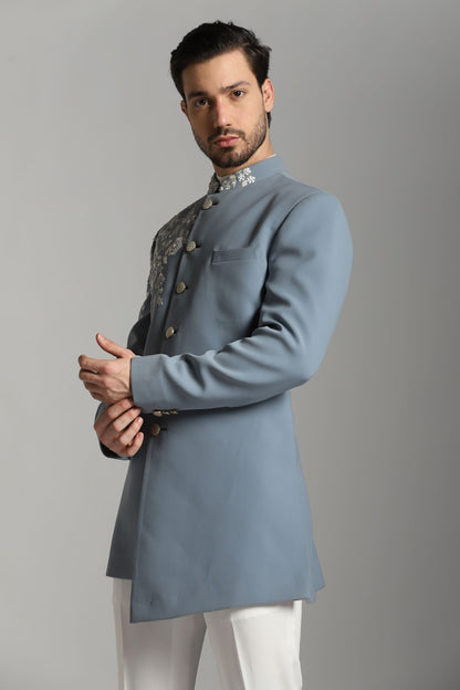 Slate grey asymmetric Indo-Western front angle | Bhavya Bhasin Couture