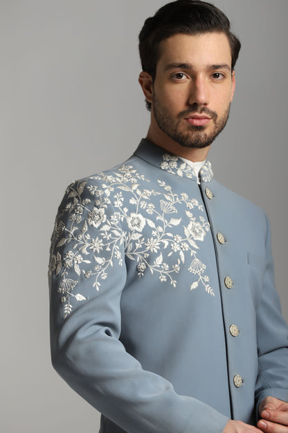 Slate asymmetric Indo-Western full-length alternate view | Bhavya Bhasin Couture