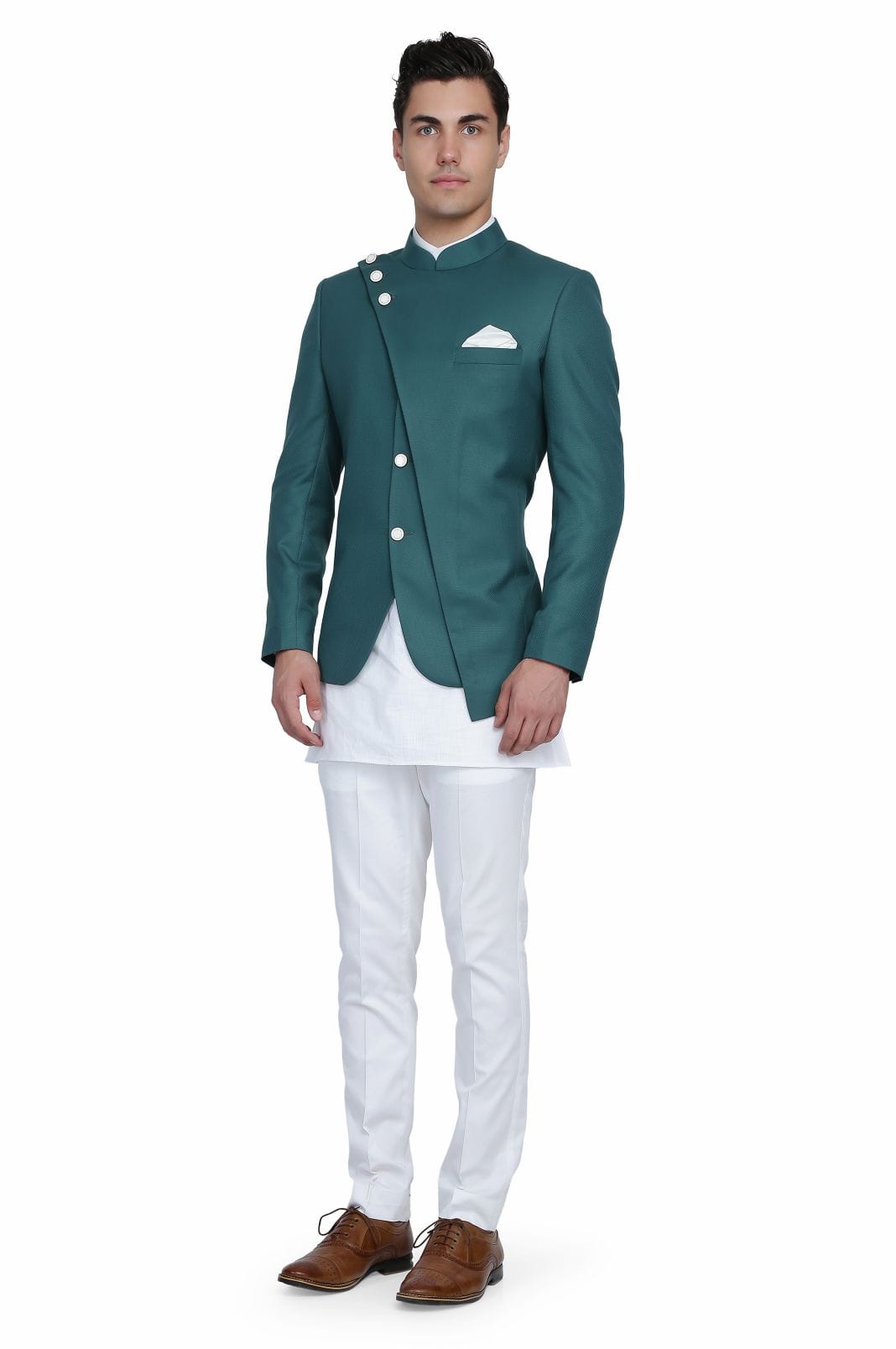 Modern Sophistication: Green 5-Button Bandhgala Suit