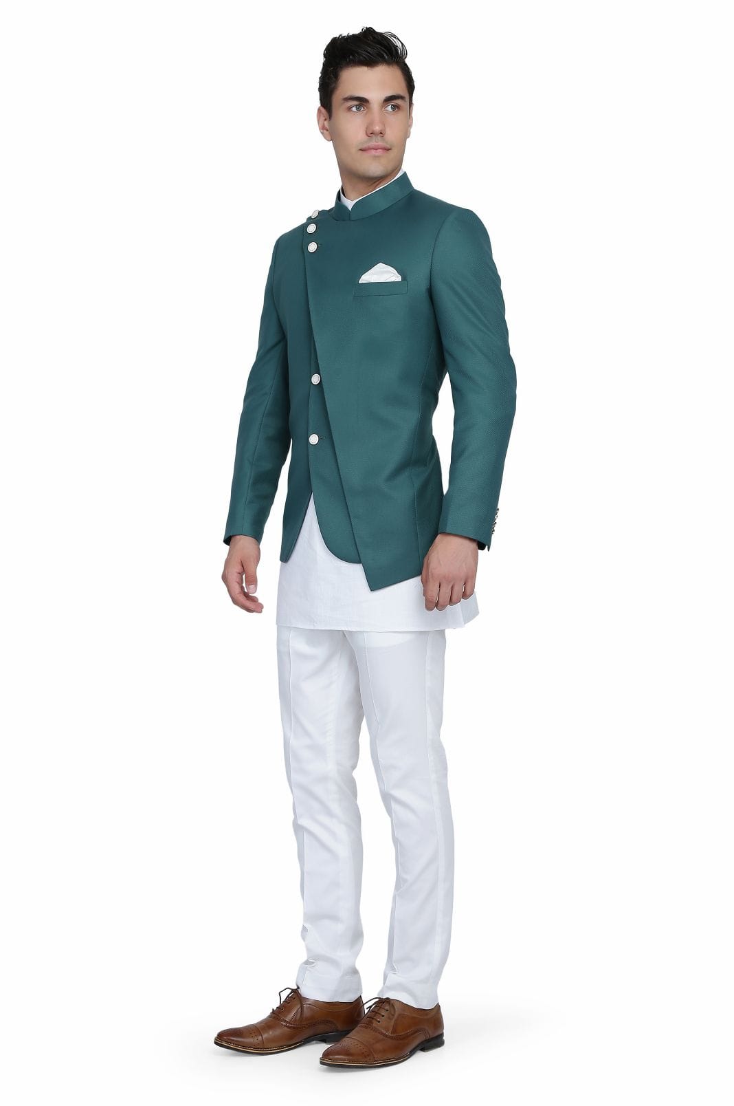 Green 5-button bandhgala suit contemporary Indian | Bhavya Bhasin Couture