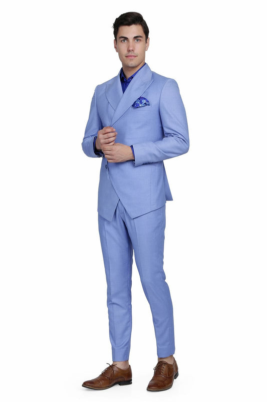 Sky blue double-breasted suit modern Indian menswear | Bhavya Bhasin Couture